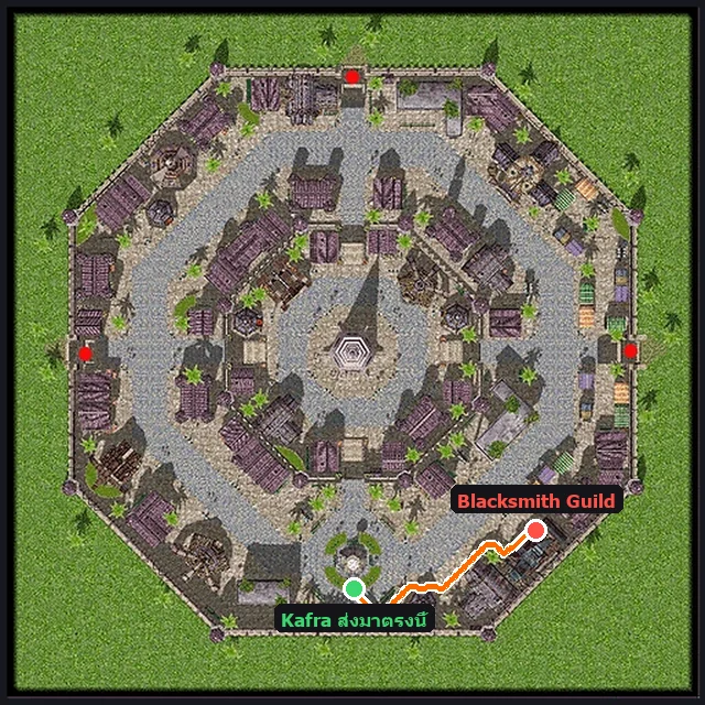 Geffen — จากจุดที่ Kafra ส่งมาไปประตู Blacksmith Guild