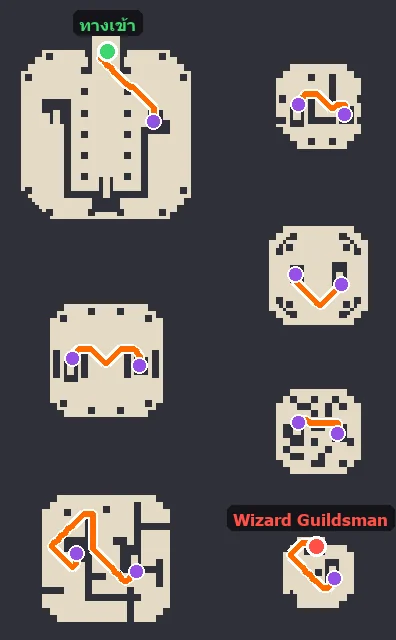 Geffen Tower — เส้นทางทุกชั้นจากทางเข้าถึง Wizard Guildsman